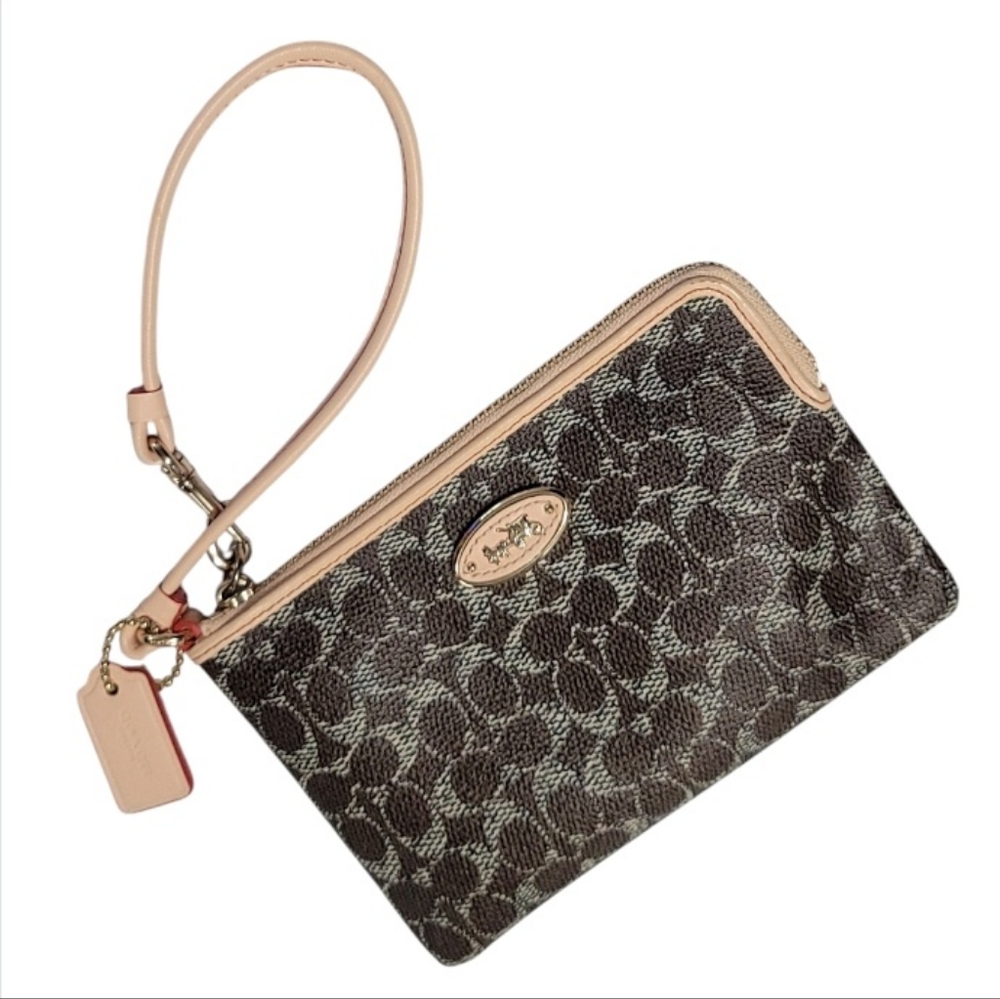 COACH Signature Logo Jacquard Corner Zip Brown Tan Chalk Wristlet Wallet